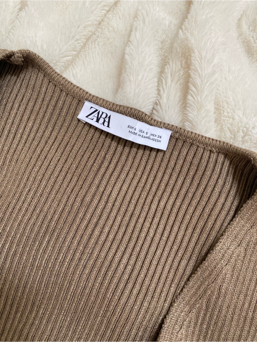 Zara ribbed deep v-neck wrap top brown Sz S - Picture 3 of 3